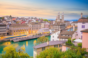 Beautiful view of historic city center of Zurich at sunset - obrazy, fototapety, plakaty