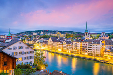 Beautiful view of historic city center of Zurich at sunset
