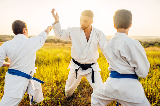 Junior karate fighters with master, skill training
