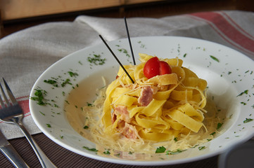 Italian pasta on wooden table. close-up