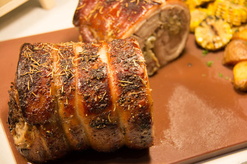  Baked pork belly with spices. Rustic style