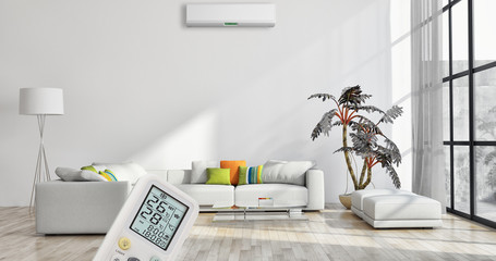 Modern interior apartment with air conditioning and remote control 3D rendering illustration