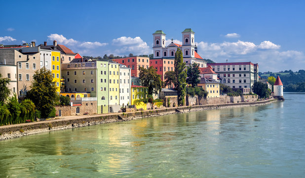 Colorful traditional houses on Inn river in historical old town Passau, Germany