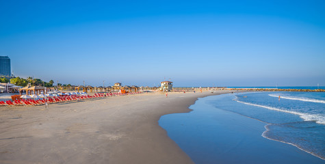 Landscape of sand beach in Tel Aviv, Israel.