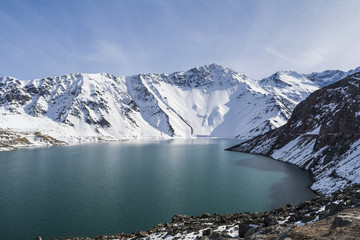 Cajon del Maipo (canyon) in Embalse El Yeso landscape, turquoise water, Los Andes, Chile