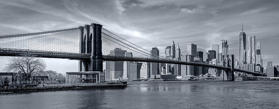 Fototapeta Panorama new york city at night in monochrome blue tonality
