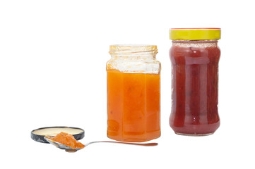 homemade jam jar in closeup isolated on white background