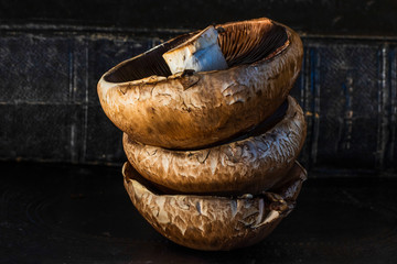 Mushrooms, close up stacked and isolated against a dark background