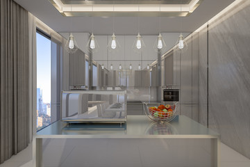 Luxury Kitchen with cityscape , 3d rendering