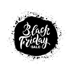 Black Friday text for banner, logo, badge, web, poster. Handwritten lettering Black Friday. Discount time. Vector illustration isolated on background with splash.