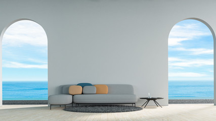 Modern living room pastel tone sea view 3d rendering