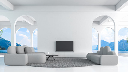 Modern loft living room white concrete wall 3d rendering