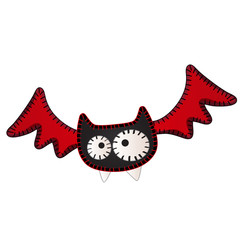 Funny flying bat with contours in the form of strokes and dotted lines isolated on white background. Idea for a sticker or sew-on patches in style of Halloween. Vector cartoon close-up illustration.