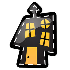 Funny house with glowing windows with contours in the form of strokes and dotted lines isolated on white background. Idea for a sticker or sew-on patches in style of Halloween. Vector cartoon close-up