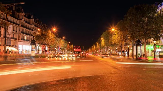 Time lapse: Traffic on the Champs Elysees in Paris, evening time