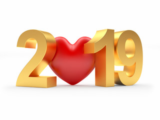 Golden text 2019 New Year with red heart isolated on white. 3D illustration