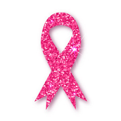 Pink ribbon. Pink glitter ribbon symbol of breast cancer awareness on white background. Element with shadow
