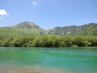 Beautiful nature scenery of green mountains and blue river at Kamikochi, Nagano, Japan. 
