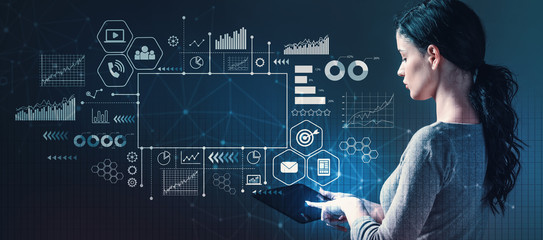 F3 with business woman using a tablet computer