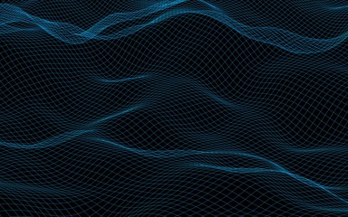 Abstract landscape on a dark background. Cyberspace blue grid. Hi-tech network. 3D illustration