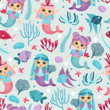 Seamless pattern with mermaids. Cartoon style