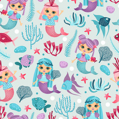 Seamless pattern with mermaids. Cartoon style