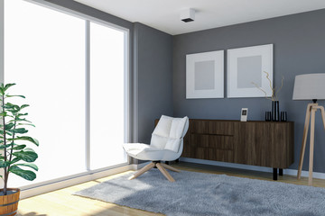 Fototapeta premium Contemporary living room interior with grey wall and large windows, 3D Rendering