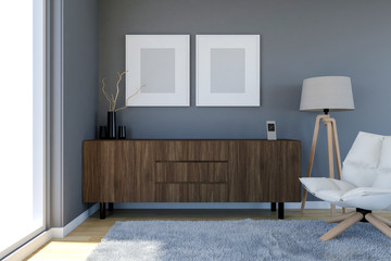 Contemporary living room interior with grey wall and blank photo frames, 3D Rendering