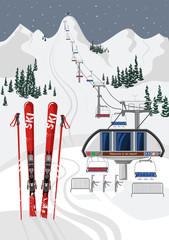 Ski resort vacation with ski lift. Winter outdoor holiday activity sport in alps, landscape with mountain view and forest, Ski equipment in the foreground. Flat style - 225063245