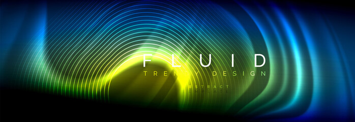 Neon glowing fluid wave lines, magic energy space light concept, abstract background wallpaper design