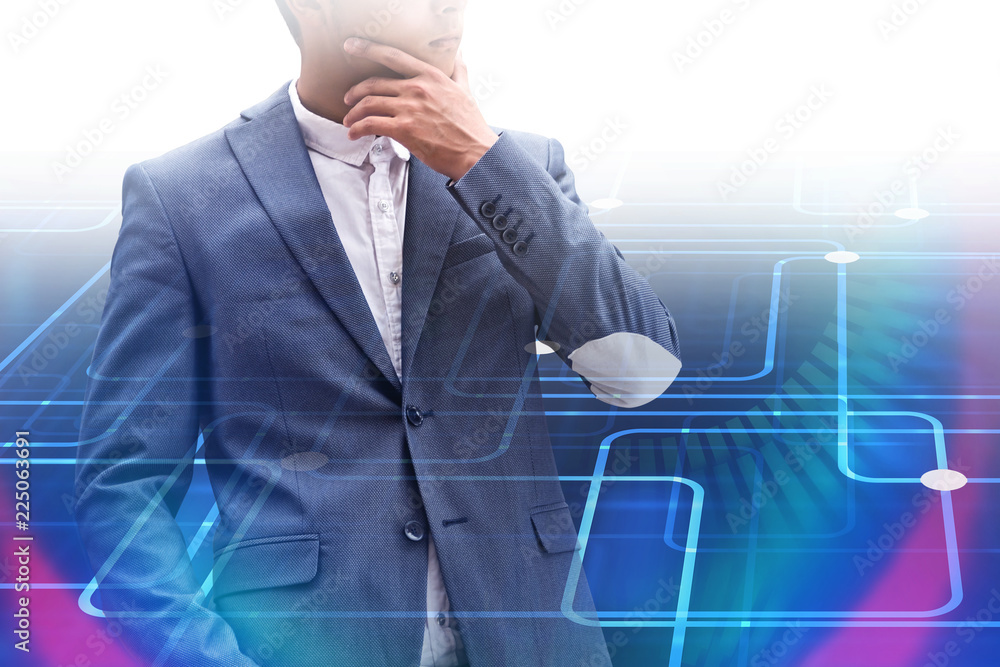 Poster man programmer thinking, interface background