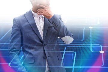 Man programmer thinking, interface background