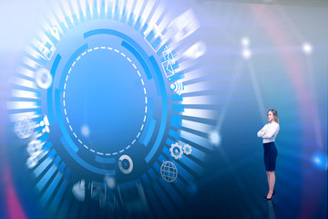 Blonde woman looking at hud of wifi icons