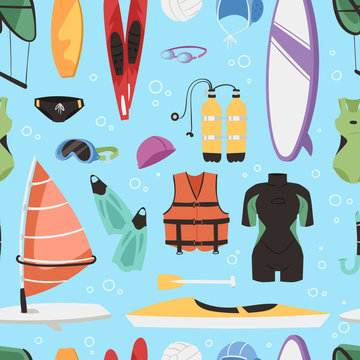 Kite boarding fun ocean extreme water sport canoe surfer sailing leisure ocean activity summer recreation extreme vector seamless pattern background