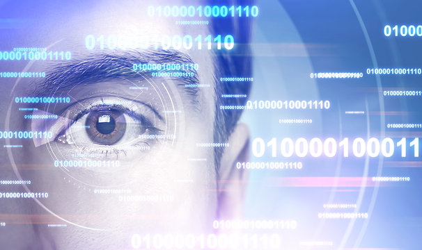 Man eye, code lines double exposure