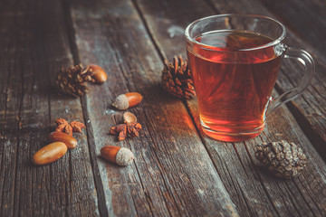 Glass cup of tea and acorns
