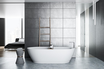 Naklejka na ściany i meble Gray tile bathroom, tub and ladder, bedroom