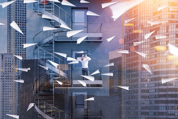 Man with crossbow shooting paper planes, business