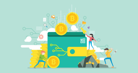 Fototapeta na wymiar Bitcoin Wallet Tiny People Character Concept Vector Illustration, Suitable For Wallpaper, Banner, Background, Card, Book Illustration, Web Landing Page, and Other Related Creative