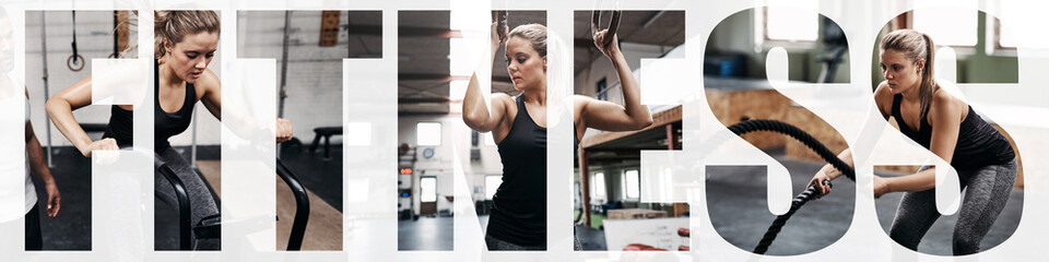 Collage of a focused young woman exercising at the gym