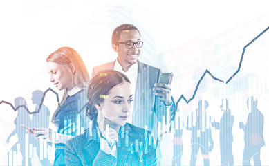 Successful business team in city, diagrams