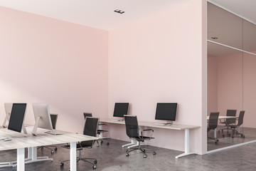 Pink wall modern open space office interior