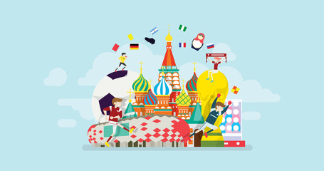 Russia World Soccer Tournament Tiny People Character Concept Vector Illustration, Suitable For Wallpaper, Banner, Background, Card, Book Illustration, Web Landing Page, and Other Related Creative