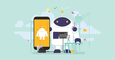 Robot Technology Development Tiny People Character Concept Vector Illustration, Suitable For Wallpaper, Banner, Background, Card, Book Illustration, Web Landing Page, and Other Related Creative