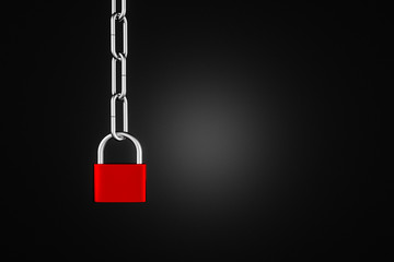 Fototapeta na wymiar Closed red padlock on steel chain over black