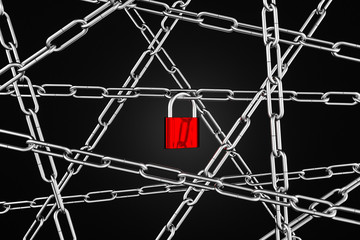 Steel chains pattern over black, padlock