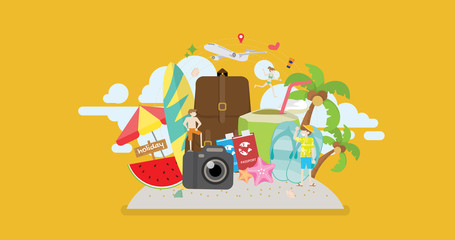 Summer Holiday Tropical Beach Adventure Tiny People Character Concept Vector Illustration, Suitable For Wallpaper, Banner, Background, Card, Book Illustration, And Web Landing Page