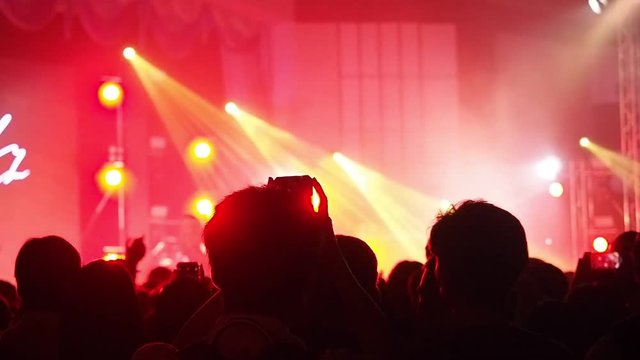 Some cheering fans take a photograph or video in a free live concert in music festival. This concert is free no charge and doesn't requires press credentials.