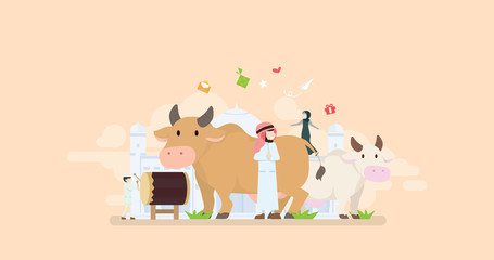 Eid Al Adha Mubarak Tiny People Character Concept Vector Illustration, Suitable For Wallpaper, Banner, Background, Card, Book Illustration, And Web Landing Page