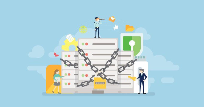 Data Center And Server Security Protection Tiny People Character Concept Vector Illustration, Suitable For Wallpaper, Banner, Background, Card, Book Illustration, And Web Landing Page